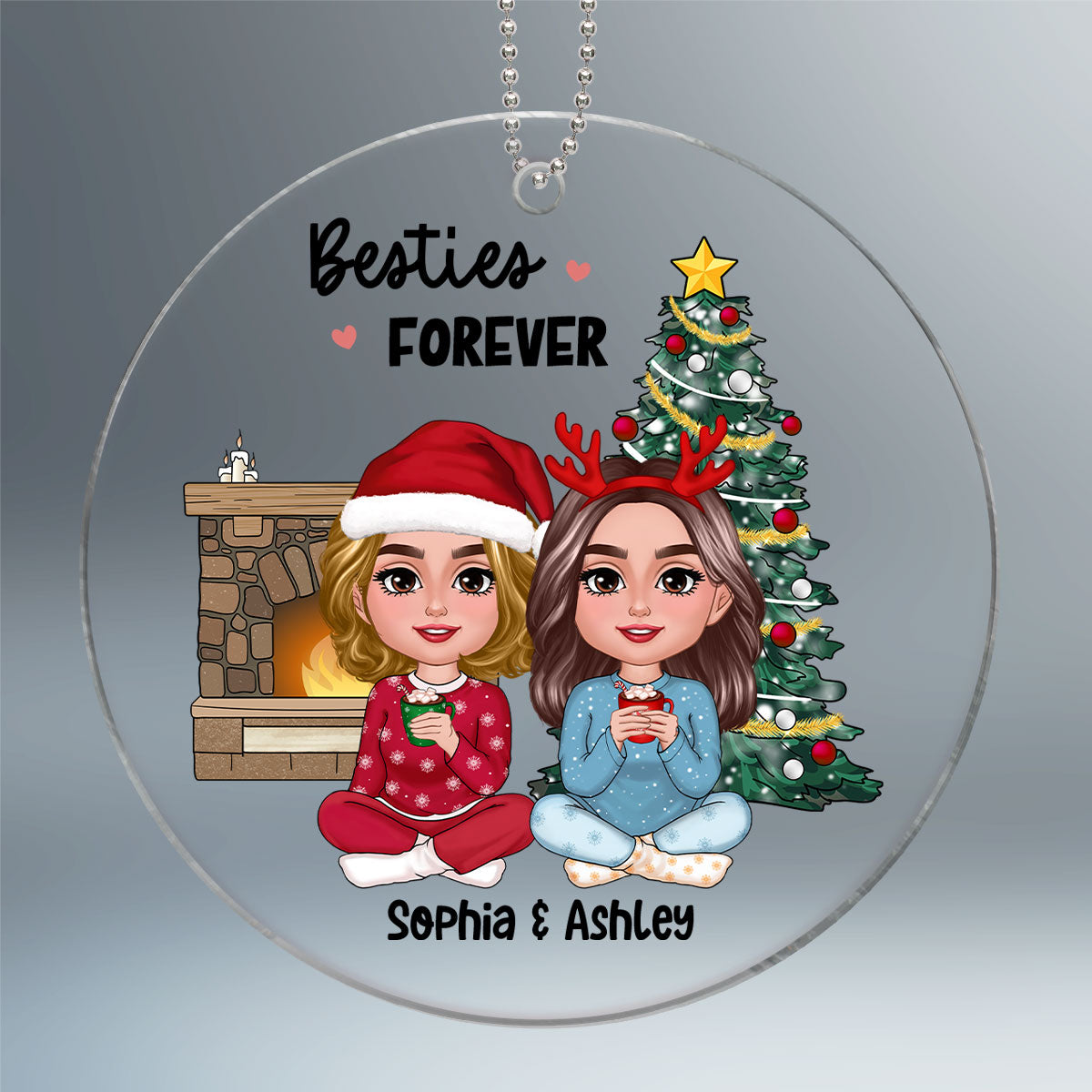 Besties Doll Sitting Together Christmas Tree Fireplace Personalized Acrylic Ornament