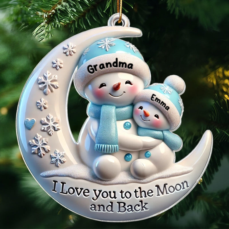 3D Effect Cute Snowmen Grandma & Hugging Grandkid On The Moon Personalized Acrylic Ornament, Christmas Gift For Granddaughter, Grandson