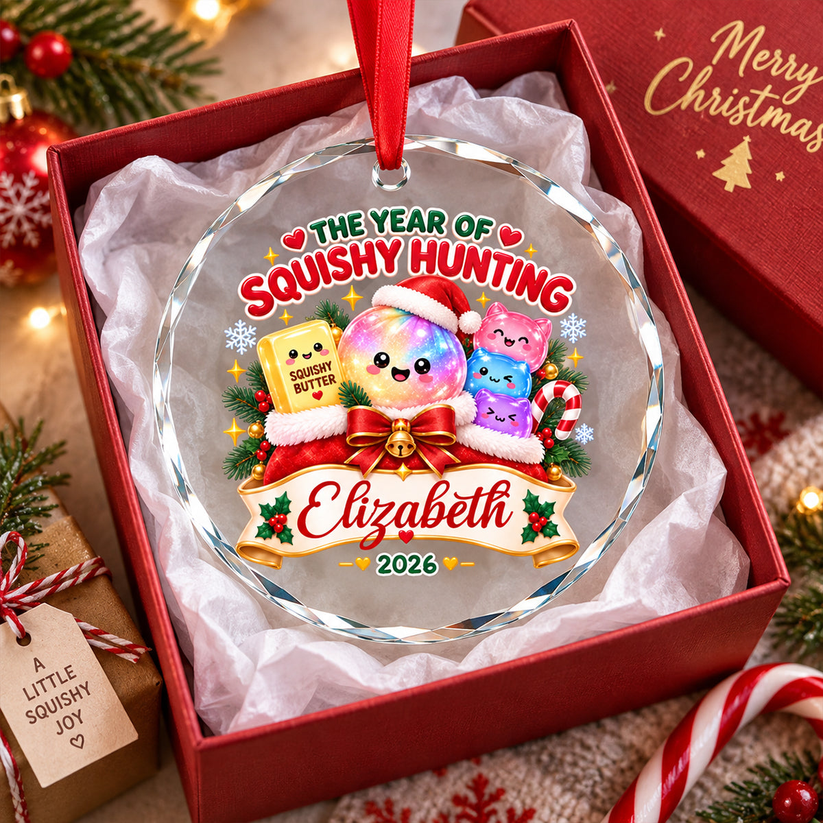 The Year of Squishy Hunting - Personalized Glass Ornament - Christmas Kawaii Gift for Kids