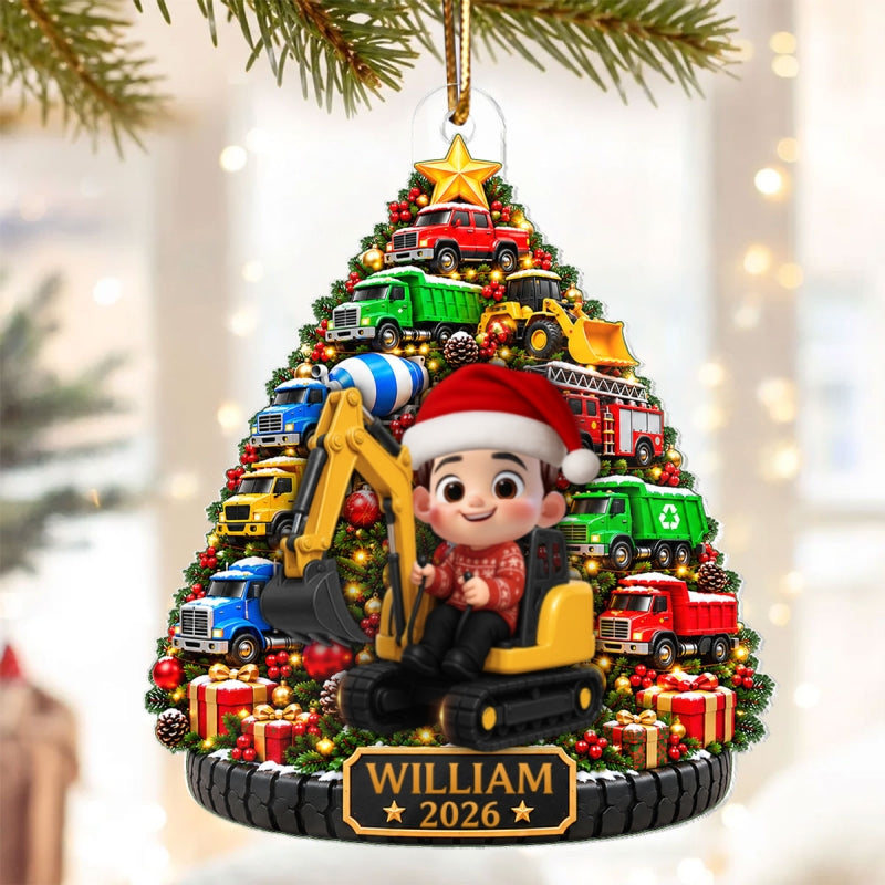 Construction Trucks Christmas Tree 2D Flat – Personalized Acrylic Ornament – Christmas Gift For Boys