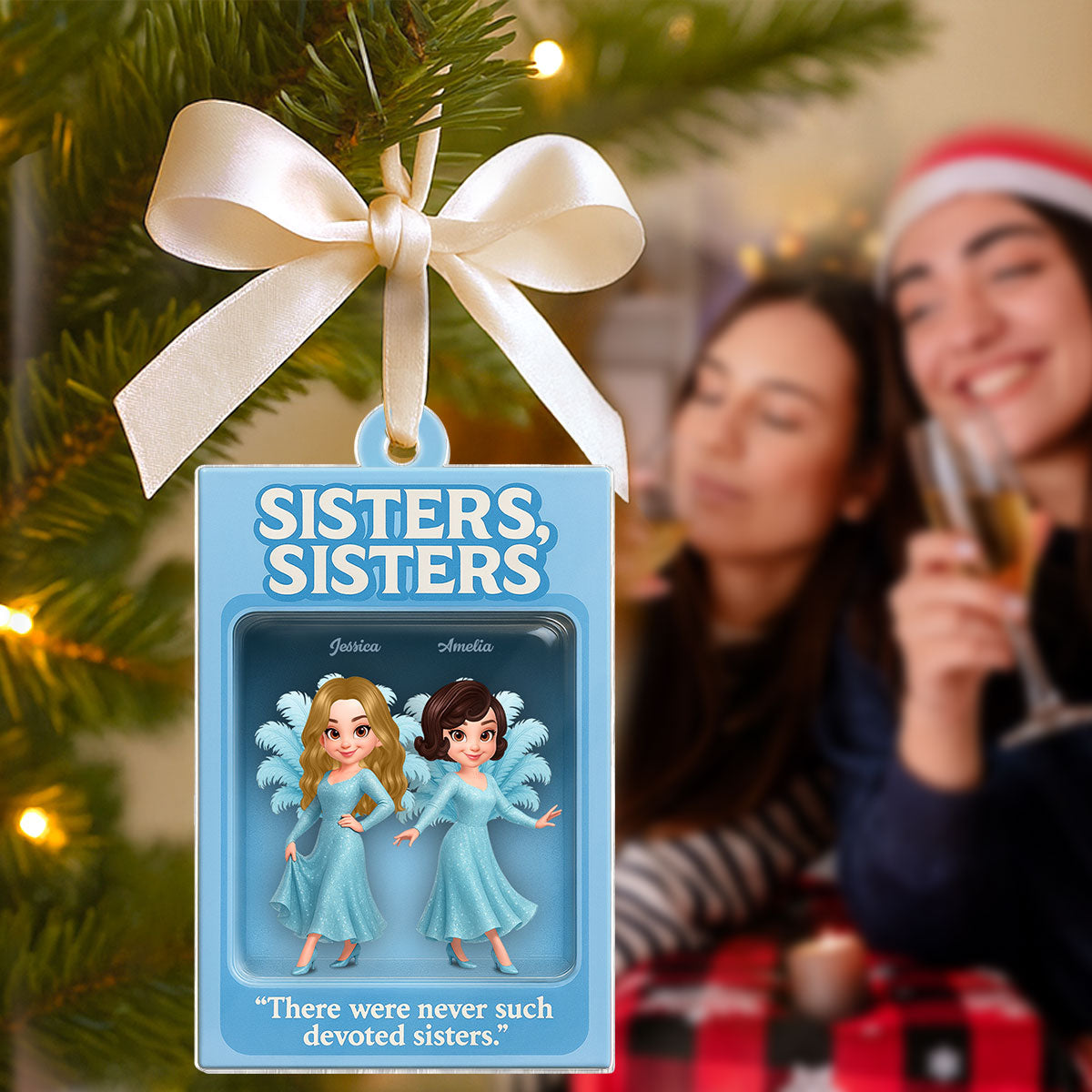 3D Effect Blue Dress Sisters Besties Inside Toy Box Personalized Acrylic Ornament