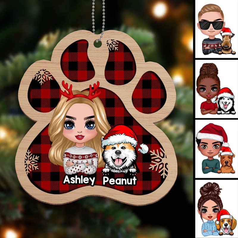 Dog Mom Dog Dad Paw Shape Christmas Personalized Wooden Ornament