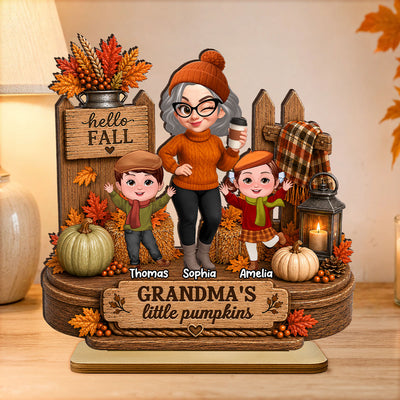 Hello Fall Grandma's Little Pumpkins - Personalized 2-Layered Wooden Plaque - Cozy Fall Decor for Grandma