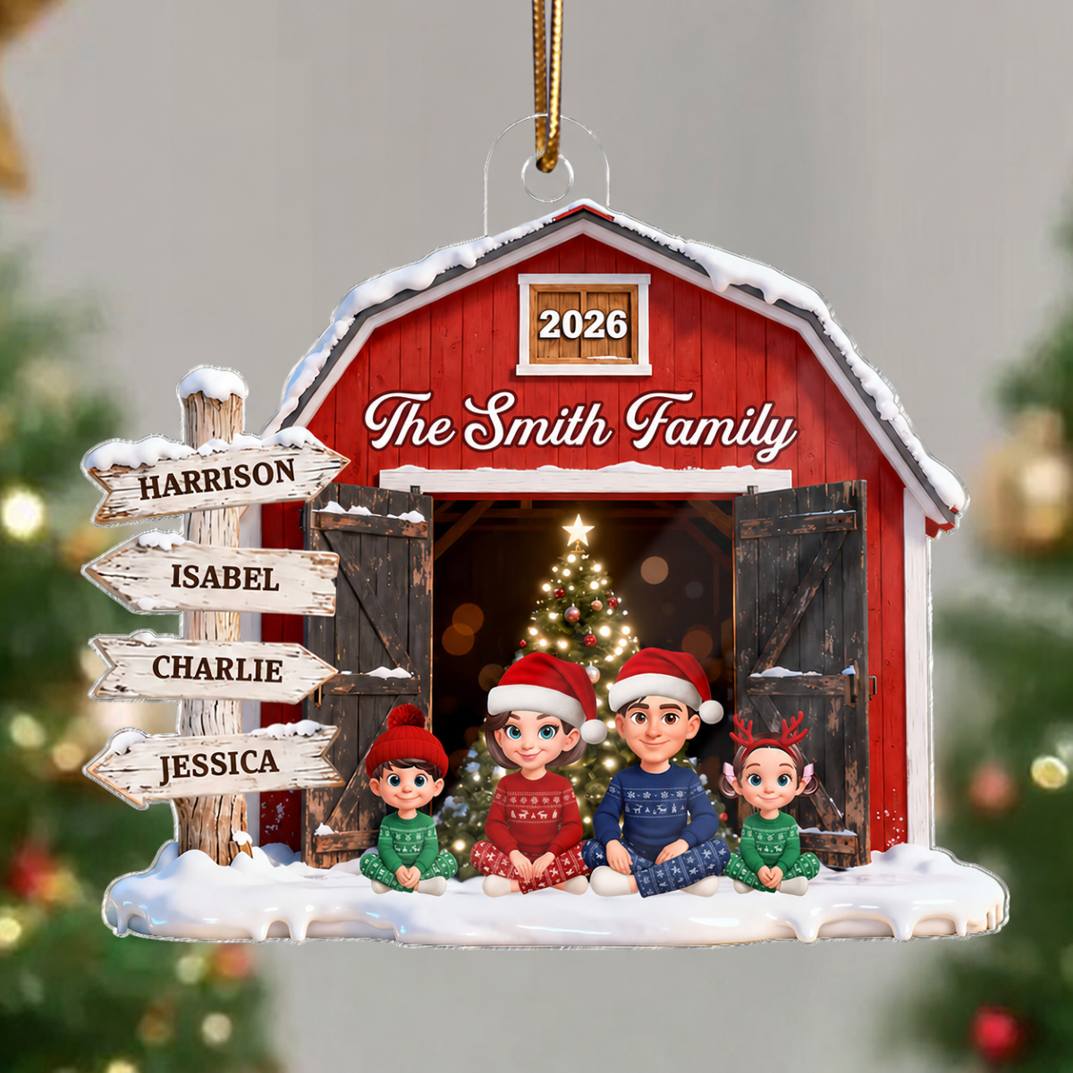 3D Effect Christmas Nostalgia Barn House Family Sign Posts Family Together - Personalized Acrylic Ornament - Gift For Family, Farmhouse Decor