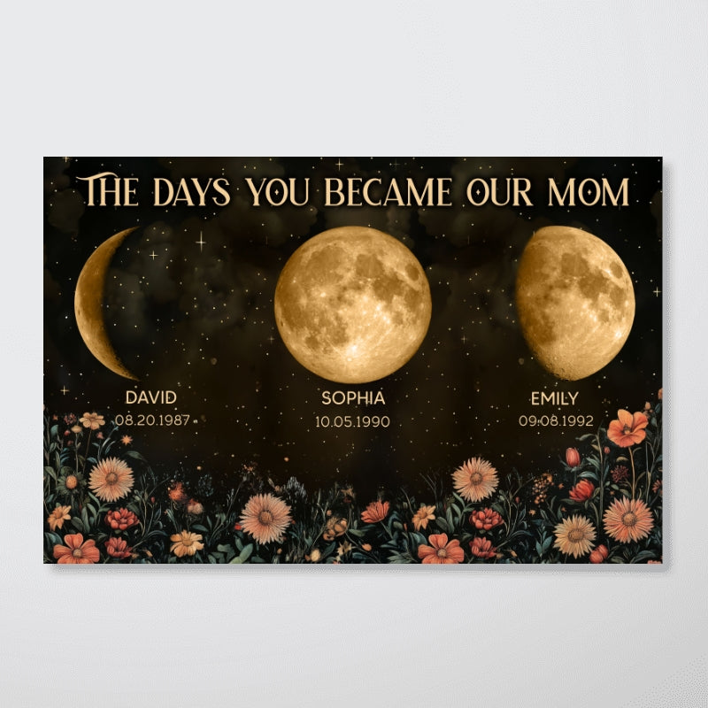 Vintage Flowers The Day You Become Mom Birth Moon Phase Personalized Poster, A Heartfelt Gift for Mom’s Birthday, Mother’s Day, or Just Because