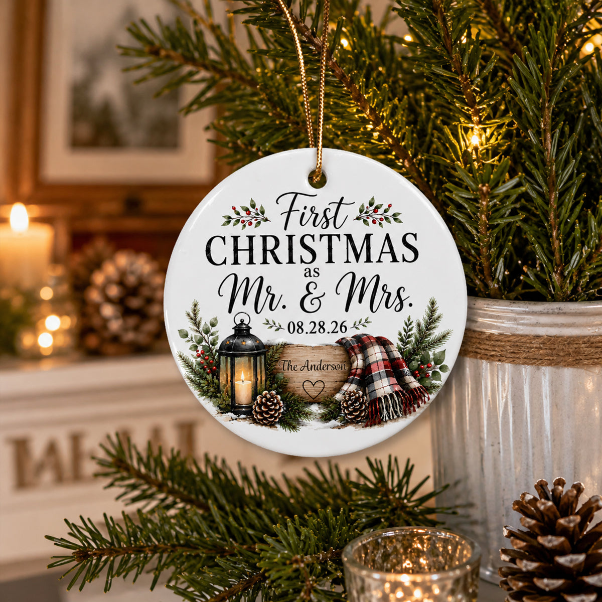 First Christmas as Mr & Mrs - Personalized Ceramic Ornament - Newlywed Rustic Gift, Heartfelt Christmas Keepsake