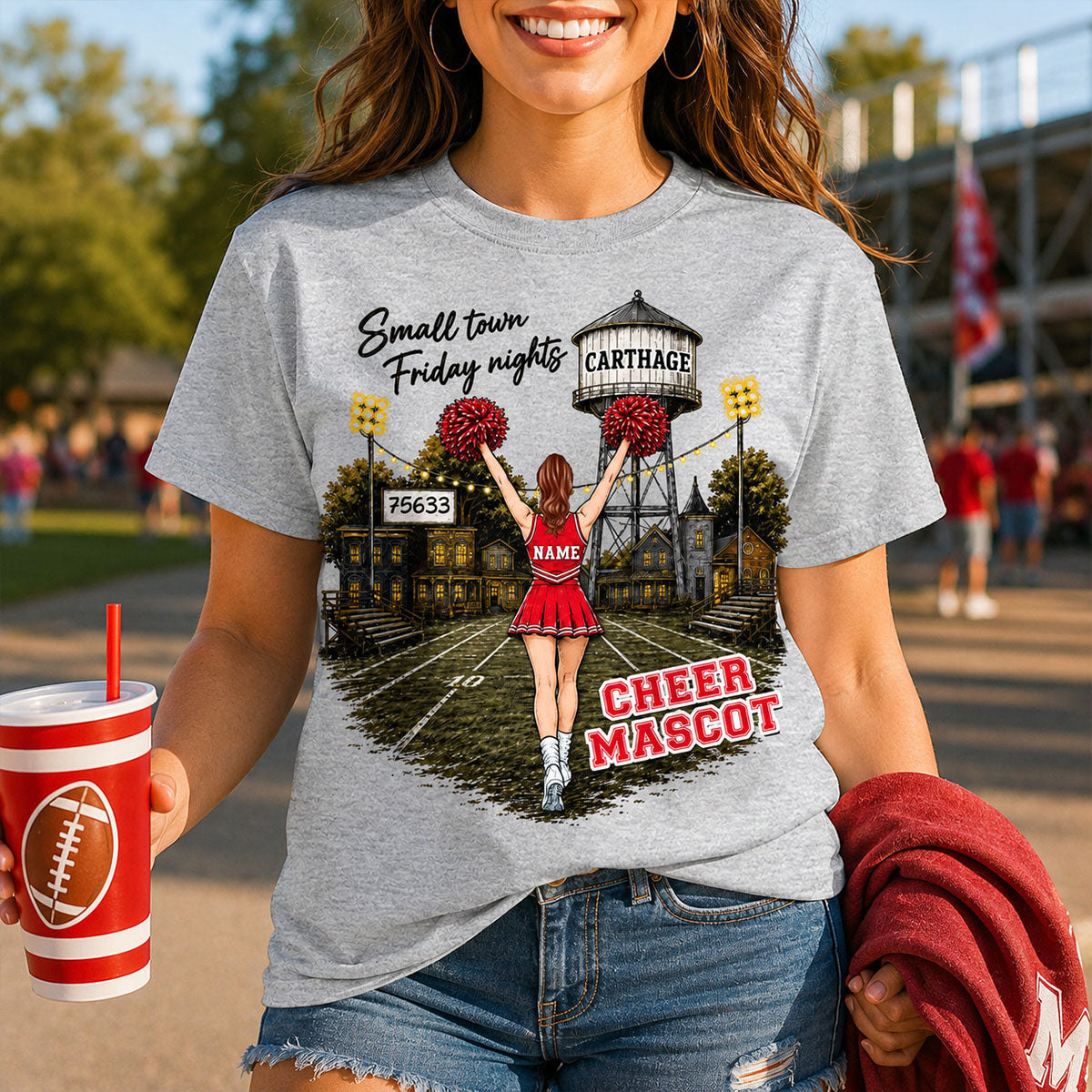 Custom Town Name & Zip Code Cheerleader - Personalized Shirt - Hometown Spirit, Big Dreams Football