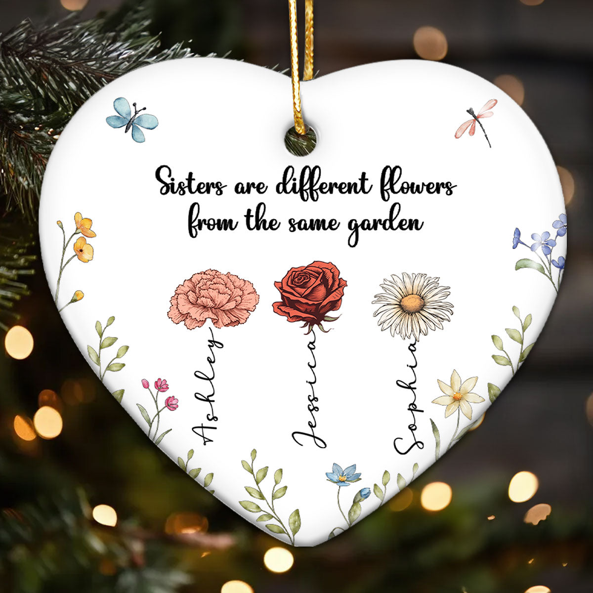 Sisters Are Different Flowers From The Same Garden Personalized Heart Ceramic Ornament, Birthday, Christmas Gift For Sisters, Siblings, Besties