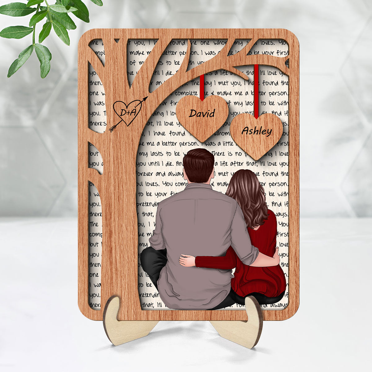 Back View Couple Sitting Under Tree Letters Background Personalized 2-Layer Wooden Plaque