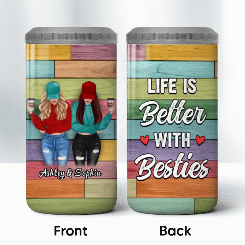 Front View Besties Wooden Palette Personalized 4 In 1 Can Cooler Multipurpose Tumbler