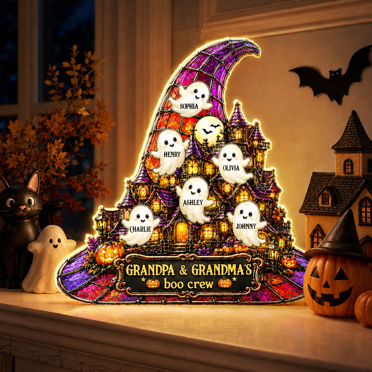 Halloween Witch Hat Haunted House Grandpa Grandma's Boo Crew - Personalized Light Box - Halloween Decor For Grandparents