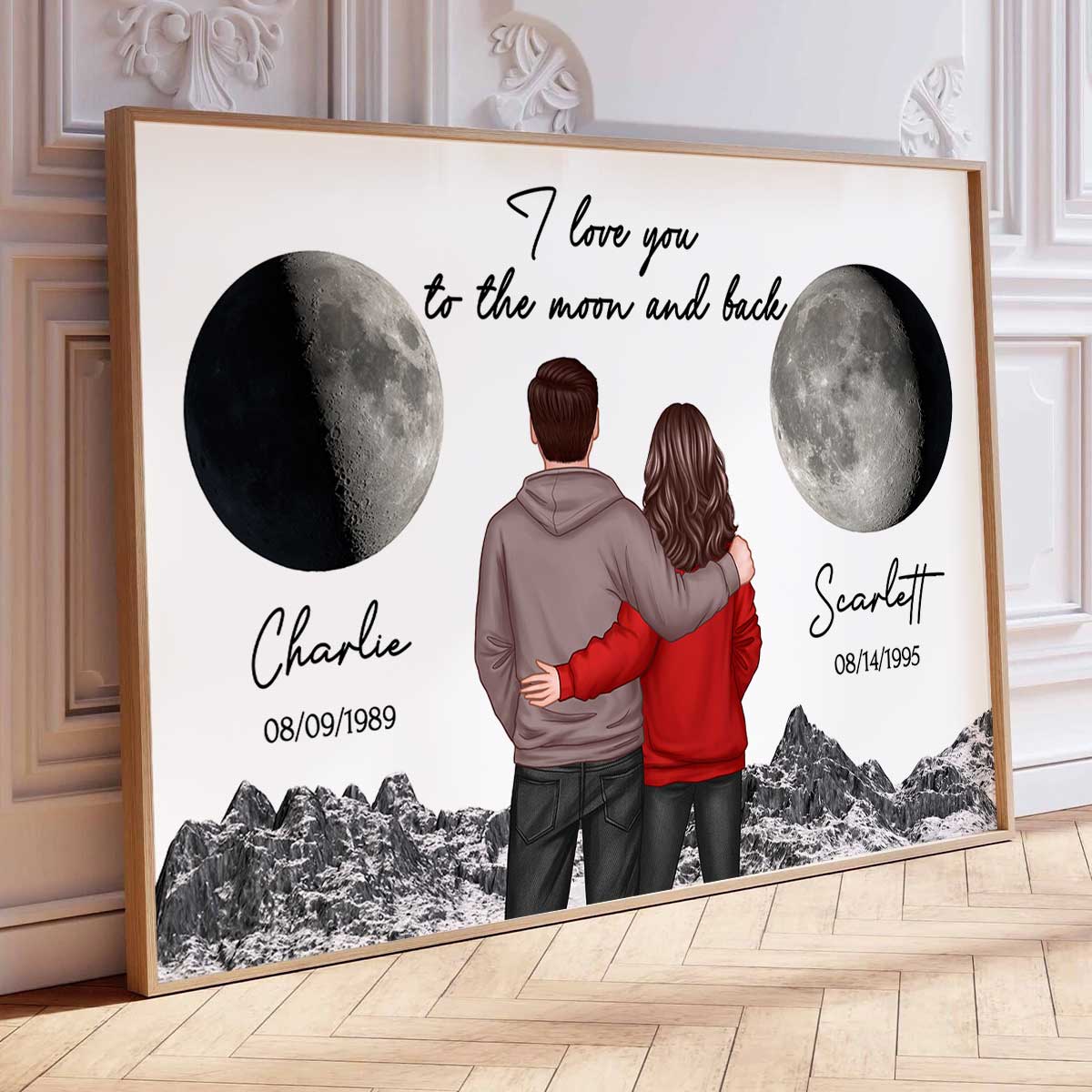 Back View Couple Custom Moon Phases I Love You To The Moon And Back Personalized Poster, Heartfelt Gift For Couple, For Him, For Her, Boyfriend, Girlfriend, Husband, Wife