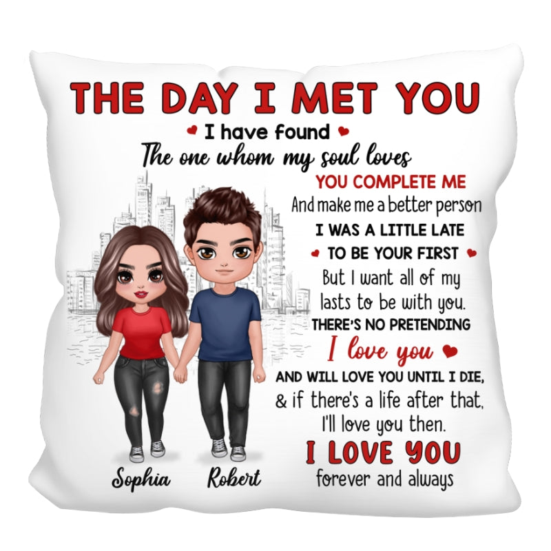 Doll Couple Standing Skyline The Day I Met You Gift For Him For Her Personalized Pillow