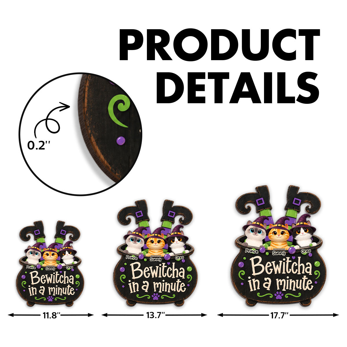Halloween Witch Cauldron Cute Cats Bewitcha In A Minute - Personalized Wood Sign - Halloween Decor For Cat Lovers