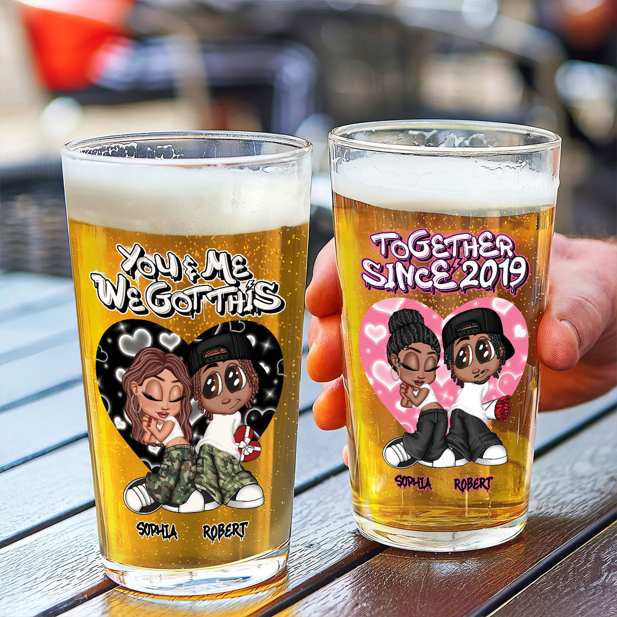 Y2K Couple Airbrushed Personalized Beer Glass, Pint Glass, Gift For Him, Gift For Her