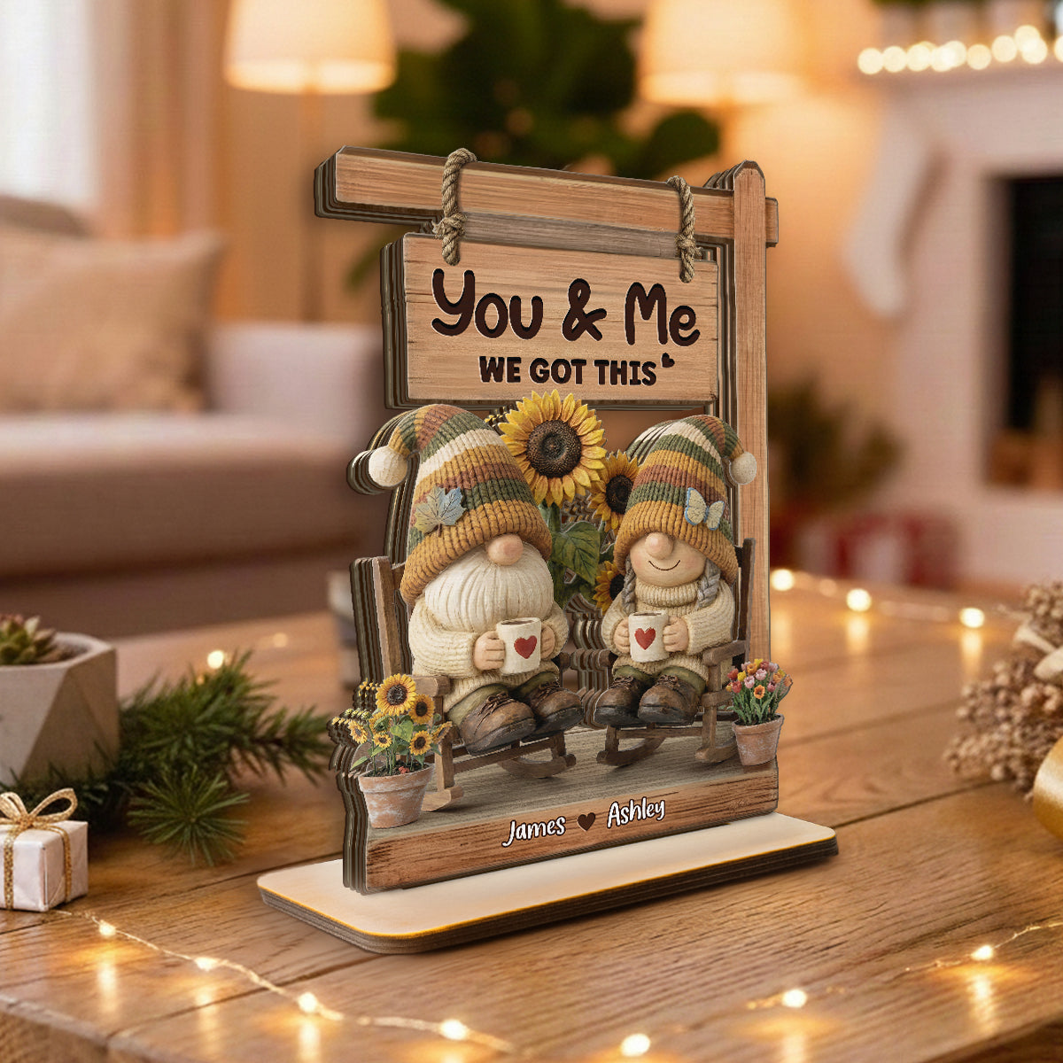 3D Effect Gnome Couple Sitting On Rocking Chair - Personalized 2-Layered Wooden Plaque - Perfect Valentine's Day Gift For Him, Gift For Her