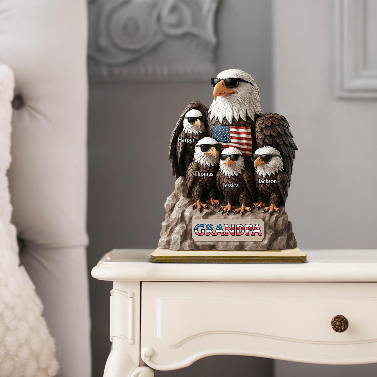 Patriotic Eagle Grandpa Dad & Kids 3D Effect Personalized Standing Wooden Plaque, Gift For Dad Grandpa