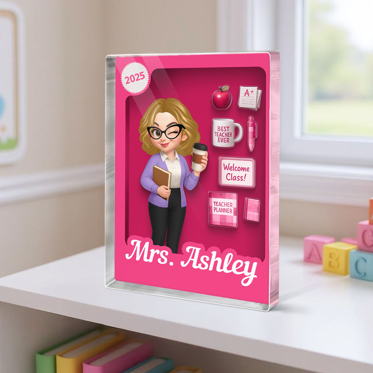 Pretty Teacher 3D Effect Toy Box Action Figure Personalized Acrylic Block, Back To School gift for Teachers