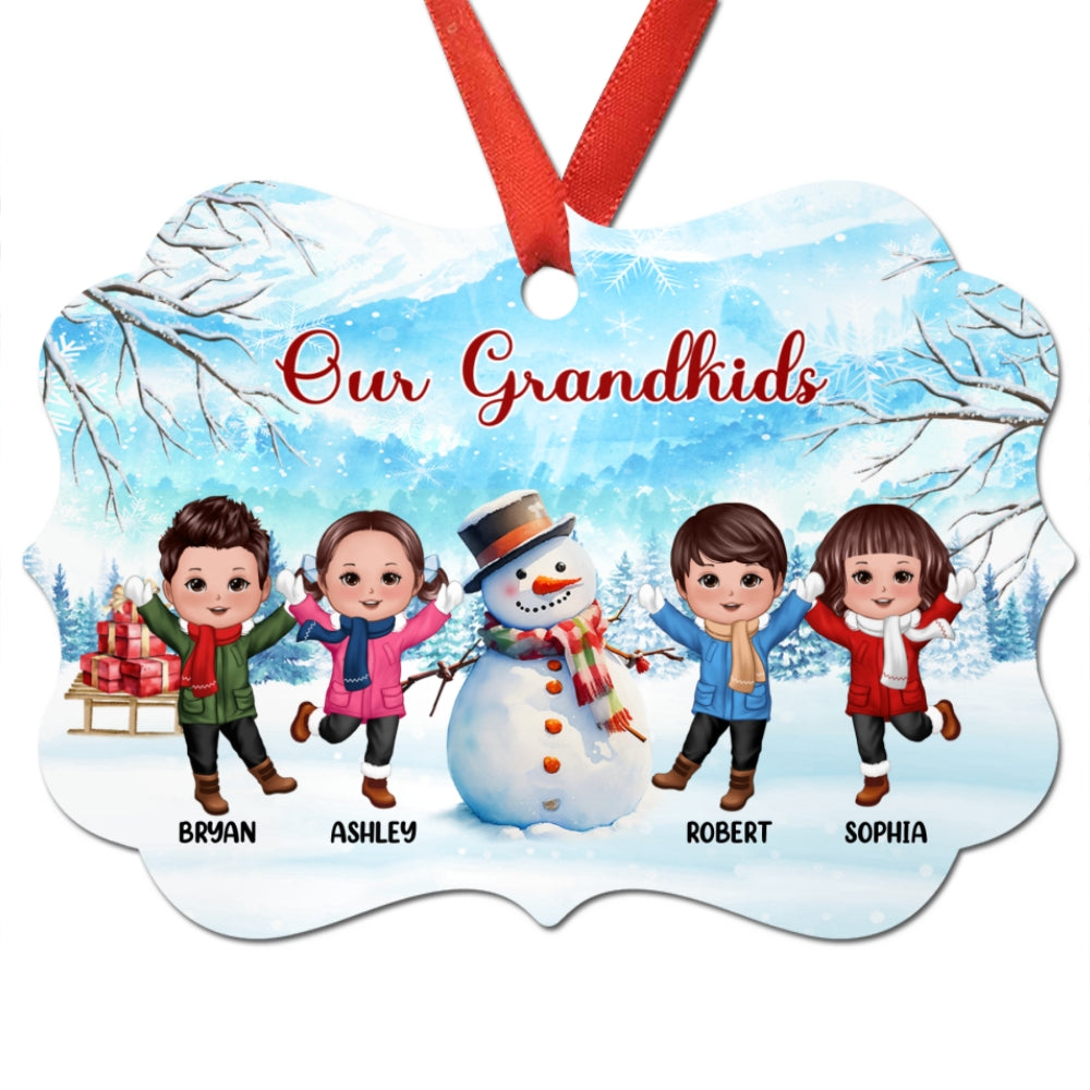 Happy Doll Kids Playing In Snow With Snowman Personalized Christmas Ornament