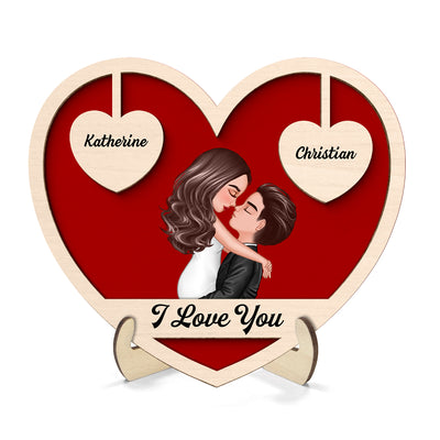 Couple Kissing Two Hearts Custom Message Personalized 2-layer Wooden Plaque