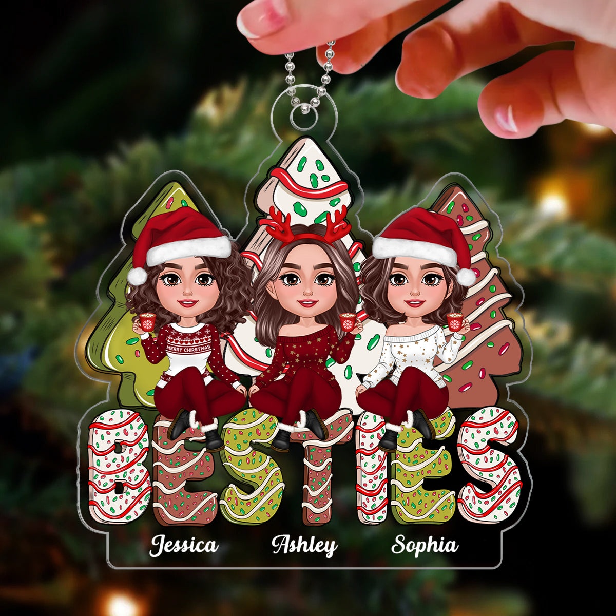 Besties Sitting On Christmas Tree Cake Personalized Acrylic Ornament