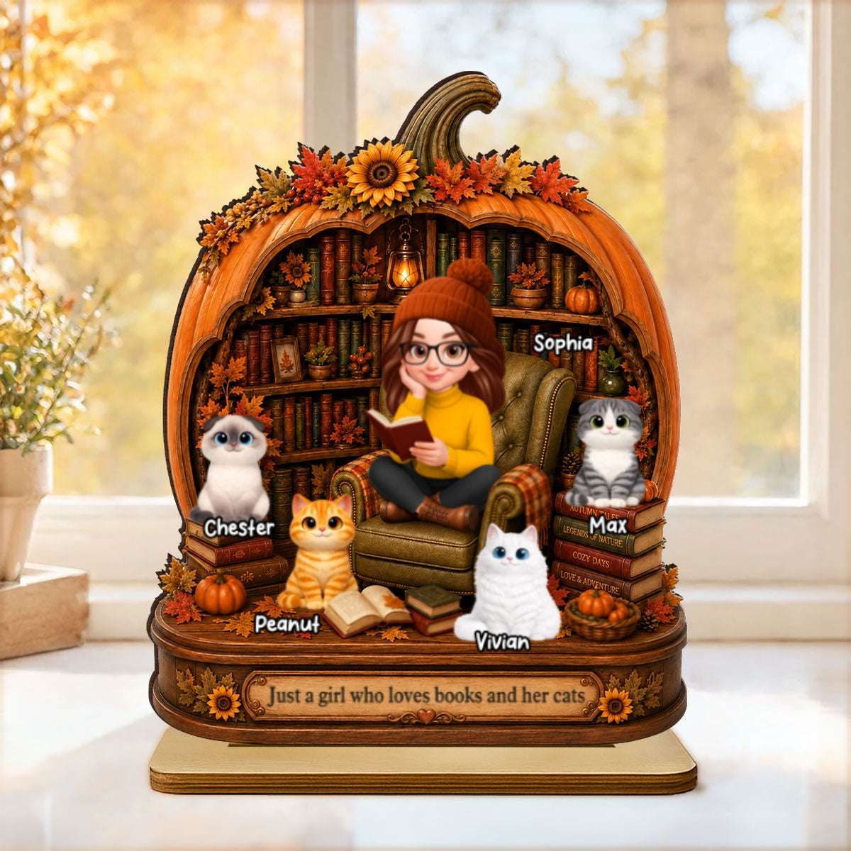 Reading Girl Who Loves Books And Her Cats - Personalized 2-Layered Wooden Plaque - Fall Season Decor Gift, Gift For Book Lovers