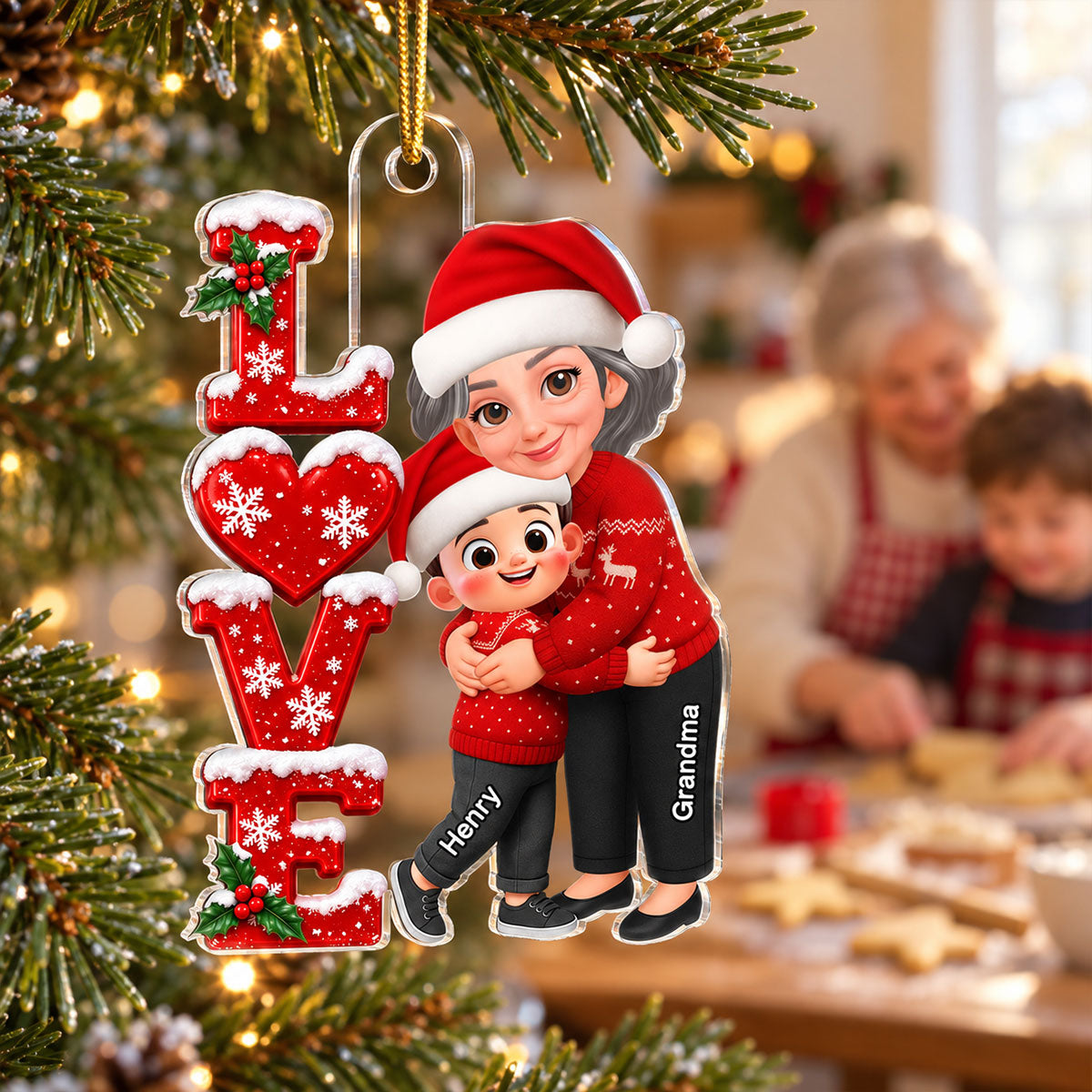Grandma Hugging Grandkid LOVE 2D Flat - Personalize Acrylic Ornament - Christmas Gift for Grandma, Granddaughter, Grandson