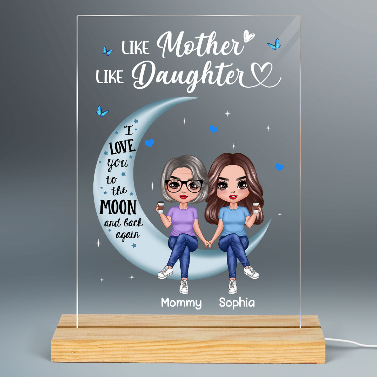 Doll Mom And Daughter Sitting On Moon I Love You To The Moon And Back Personalized Rectangle LED Night Light