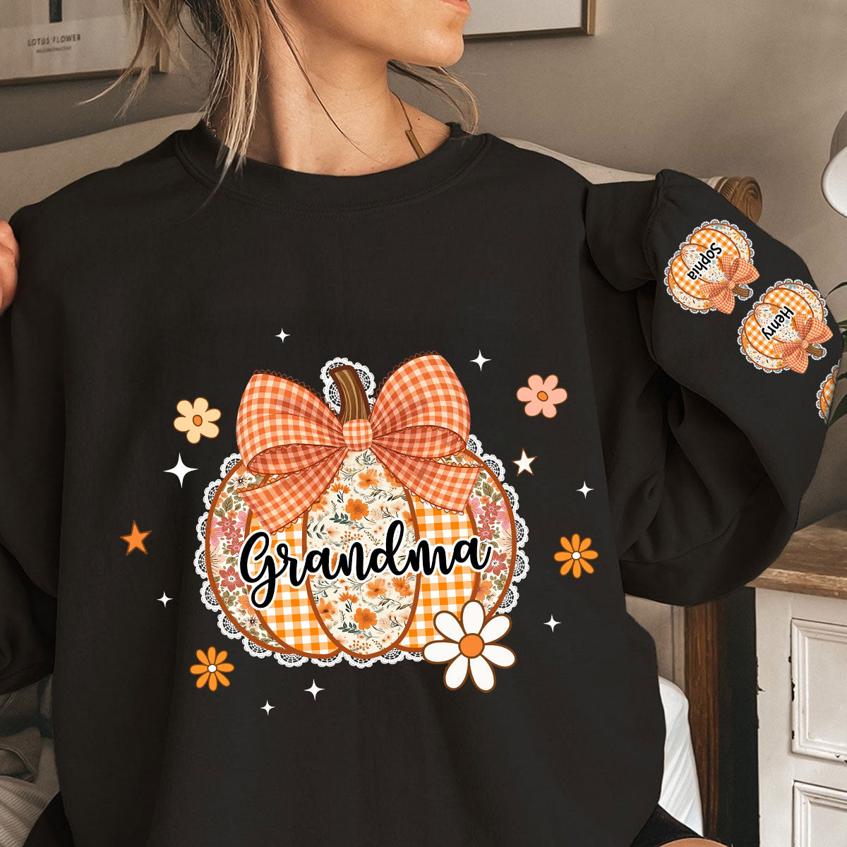 Fall Season Lace Pattern Grandma Pumpkins Personalized Sleeve Printed Sweatshirt