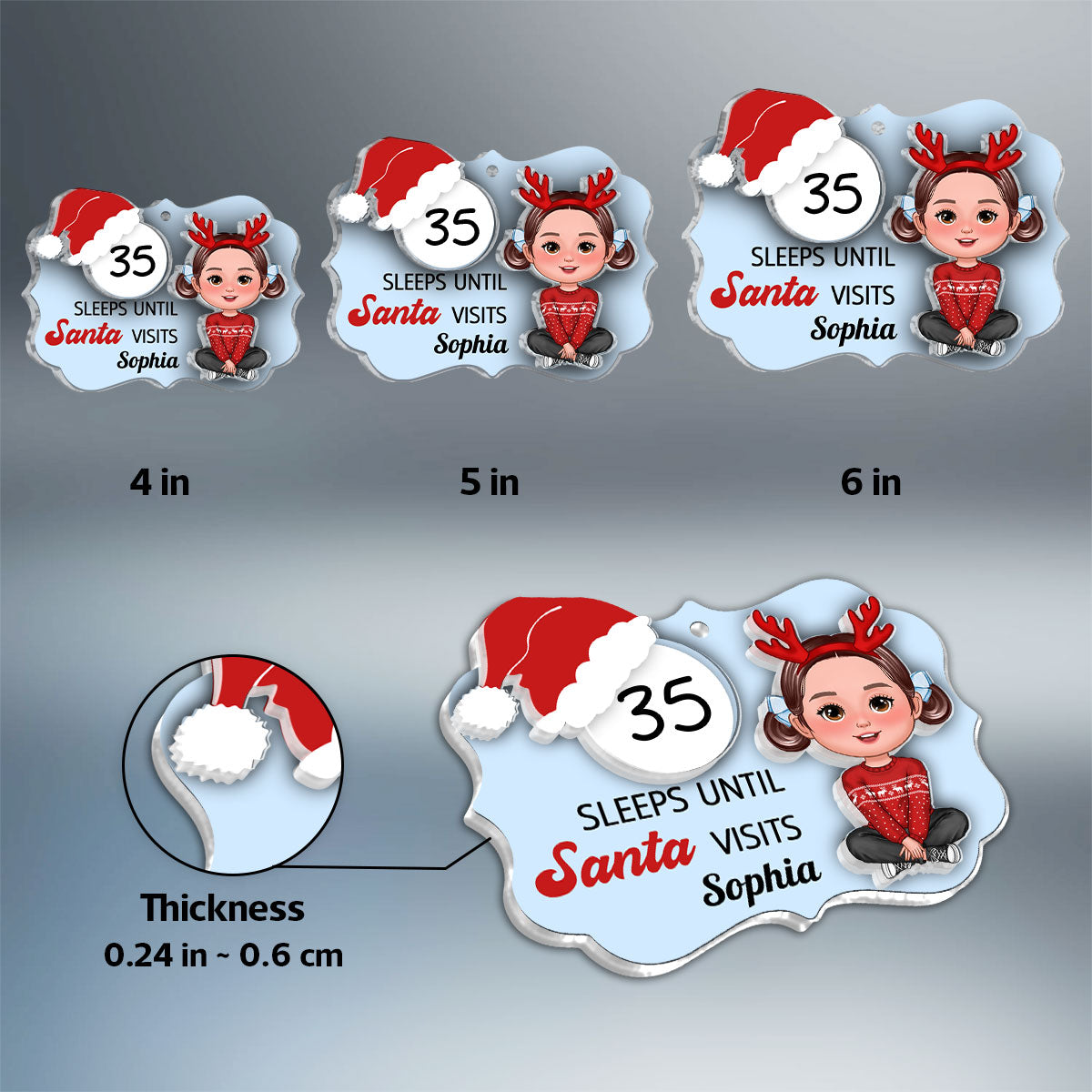 Cute Kid Countdown Sleeps Until Santa Visits Christmas Personalized 2-Layer Acrylic Ornament