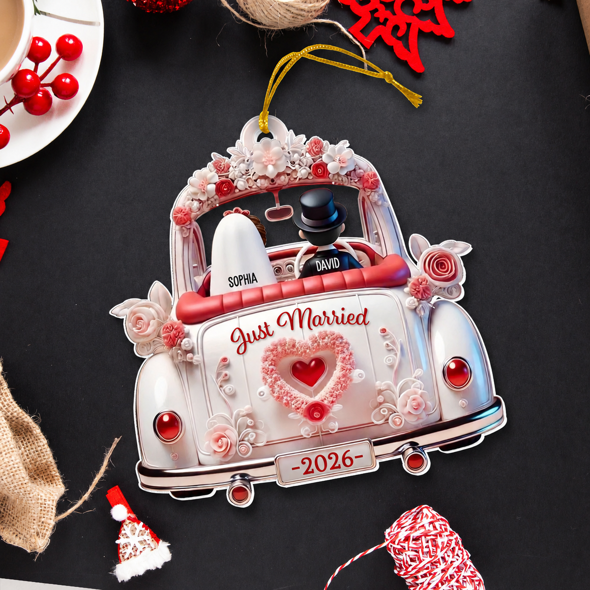 First Christmas Married Couple In Wedding Car Personalized Acrylic Ornament, Unique Christmas Gift For Newlyweds