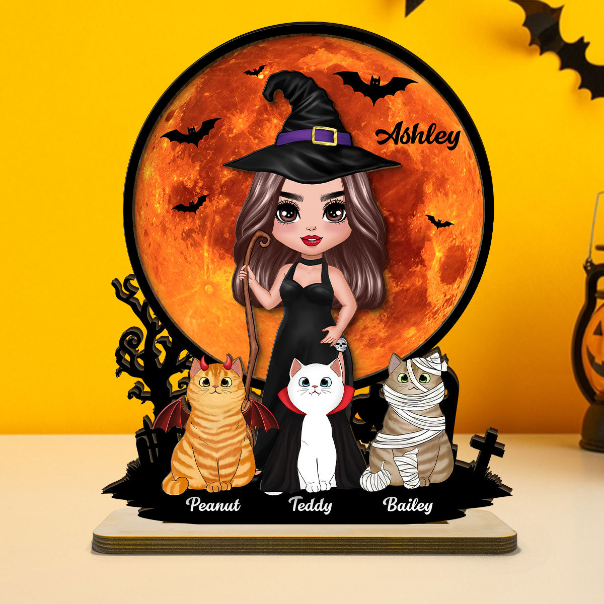 Witch Cat Mom Under Halloween Moon Tabletop Tier Tray Decor Personalized 2-Layer Standing Wooden Plaque