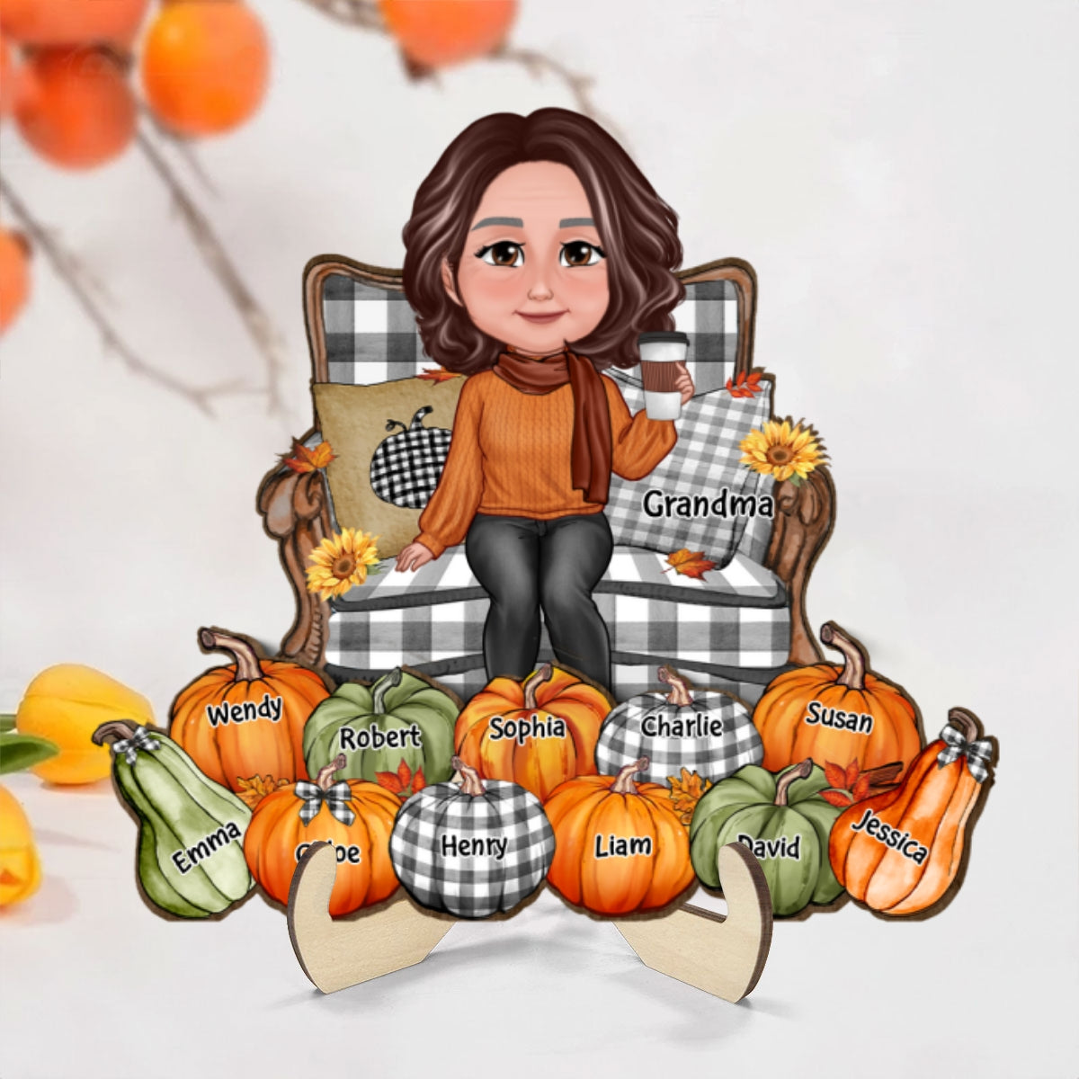 Grandma Sitting On Chair Pumpkins - Personalized 2-Layered Wooden Plaque