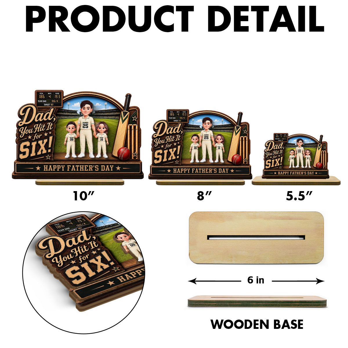 Hit A Six With The Best Dad Cricket Dad & Kids On Court - Personalised 2-Layered Wooden Plaque - Father's Day Gift For Husband, Dad