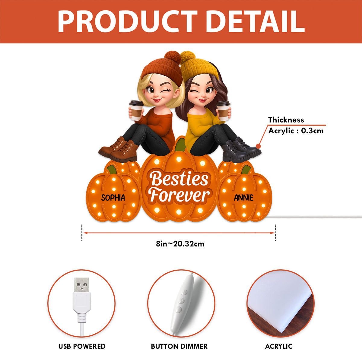 Fall Season Besties Sitting On Marquee Pattern Texture Pumpkins Personalized LED Light Box, Fall Gift For Best Friends