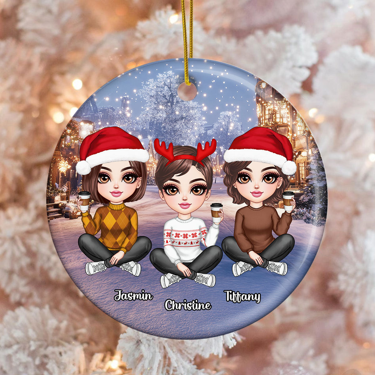 Realistic Winter Scene Besties Sisters Personalized Ceramic Ornament, Christmas Gift for Besties, Sisters, Friends