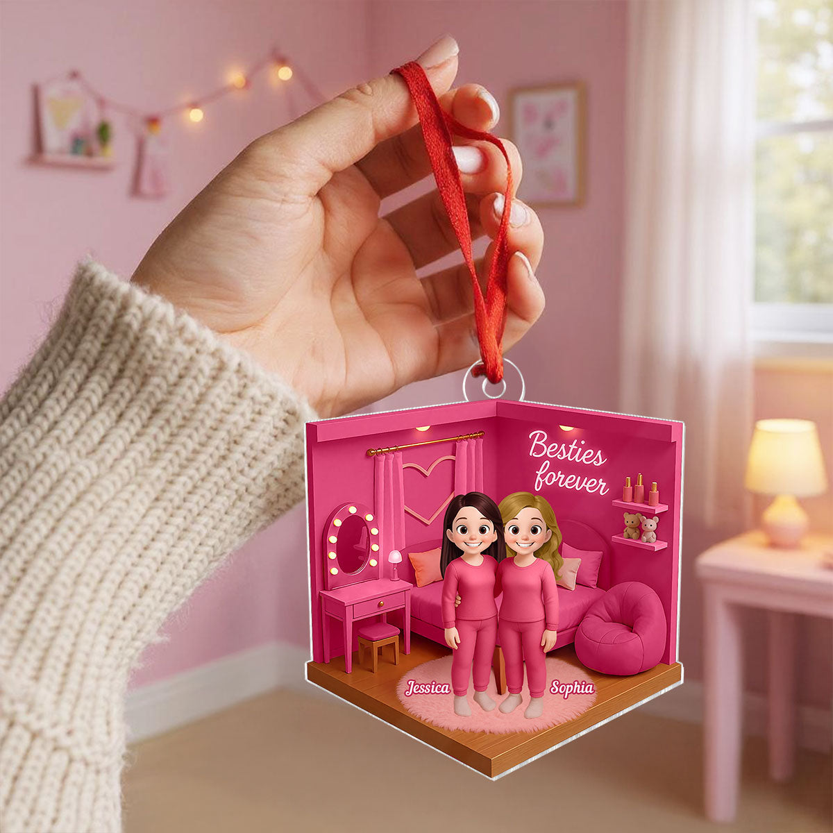3D Effect Besties Pink Tone Diorama Dream Dollhouse Personalized Flat Acrylic Ornament, Keepsake