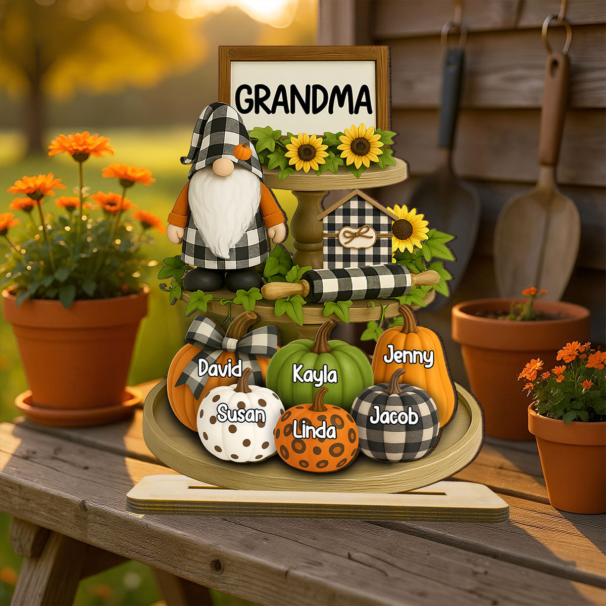 Grandma Mom Fall Season Tiered Tray 3D Effect Personalized Standing Wooden Plaque
