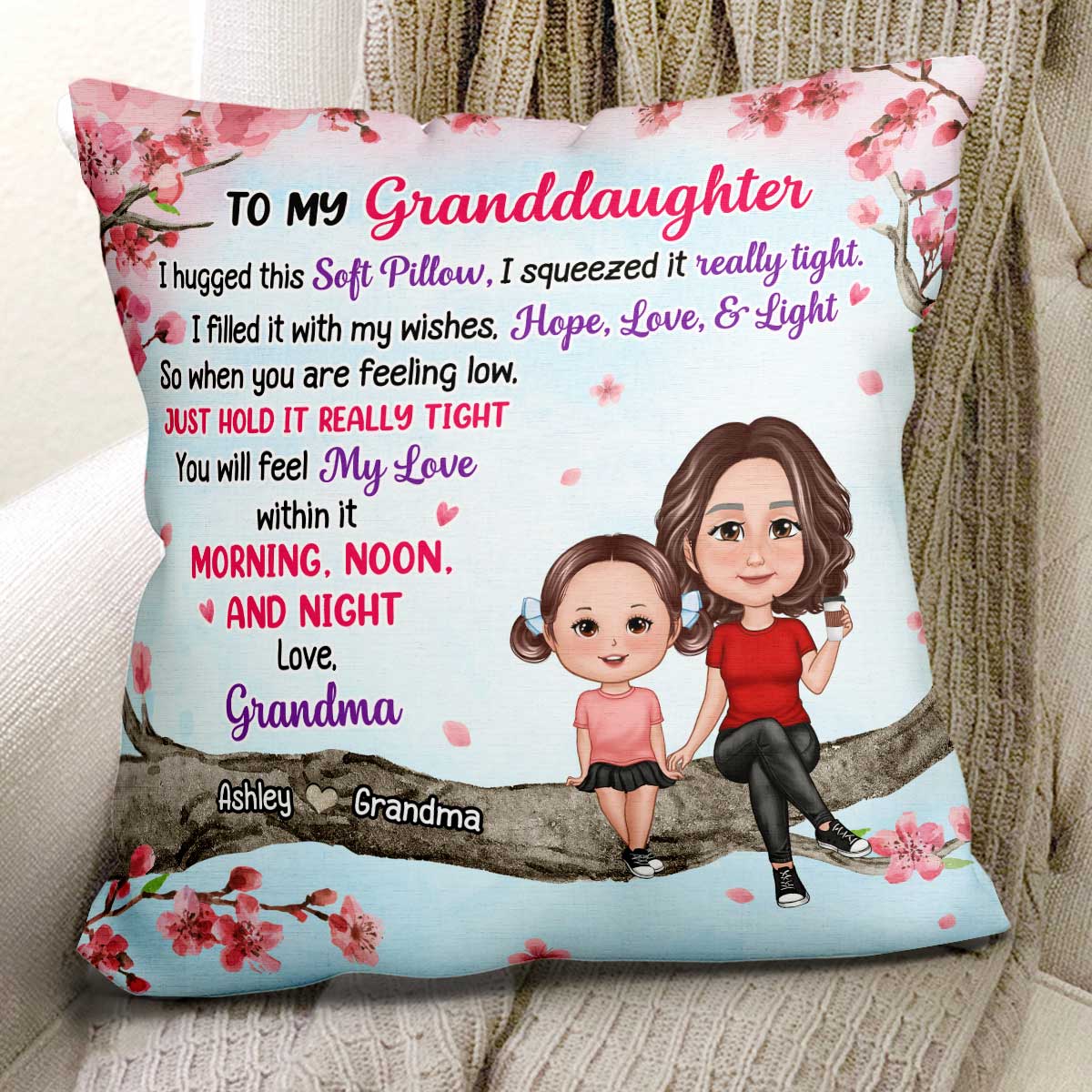 To My Mom Daughter Granddaughter Sitting On Pink Tree Personalized Pillow