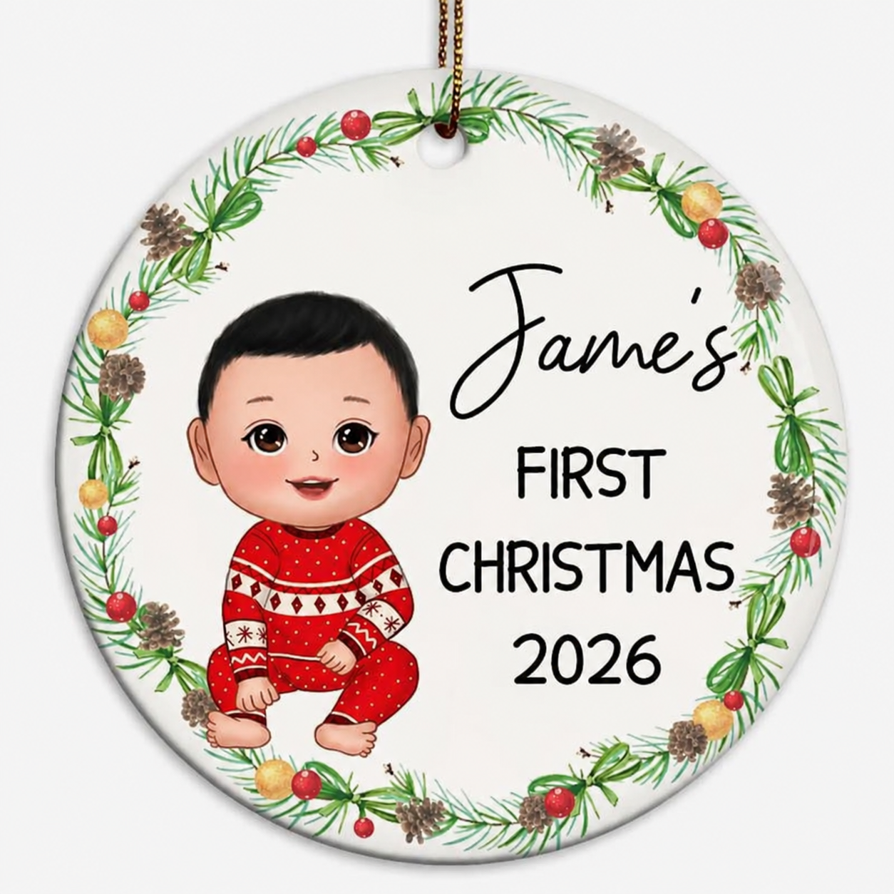 Christmas Wreath Baby First Christmas Doll Personalized Circle Ornament