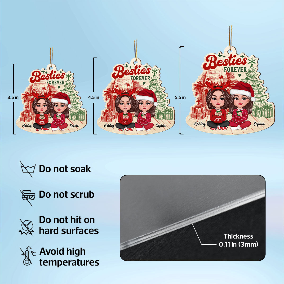 Besties Sisters Sitting Retro Fireplace Christmas Tree Personalized Wooden Ornament