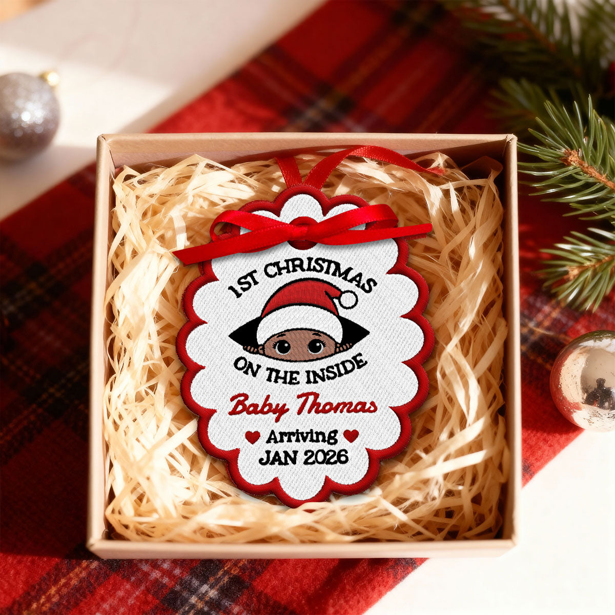 Baby 1st Christmas On The Inside - Personalized Embroidered Ornament - Custom Pregnancy Reveal Ornament, Expecting Parents