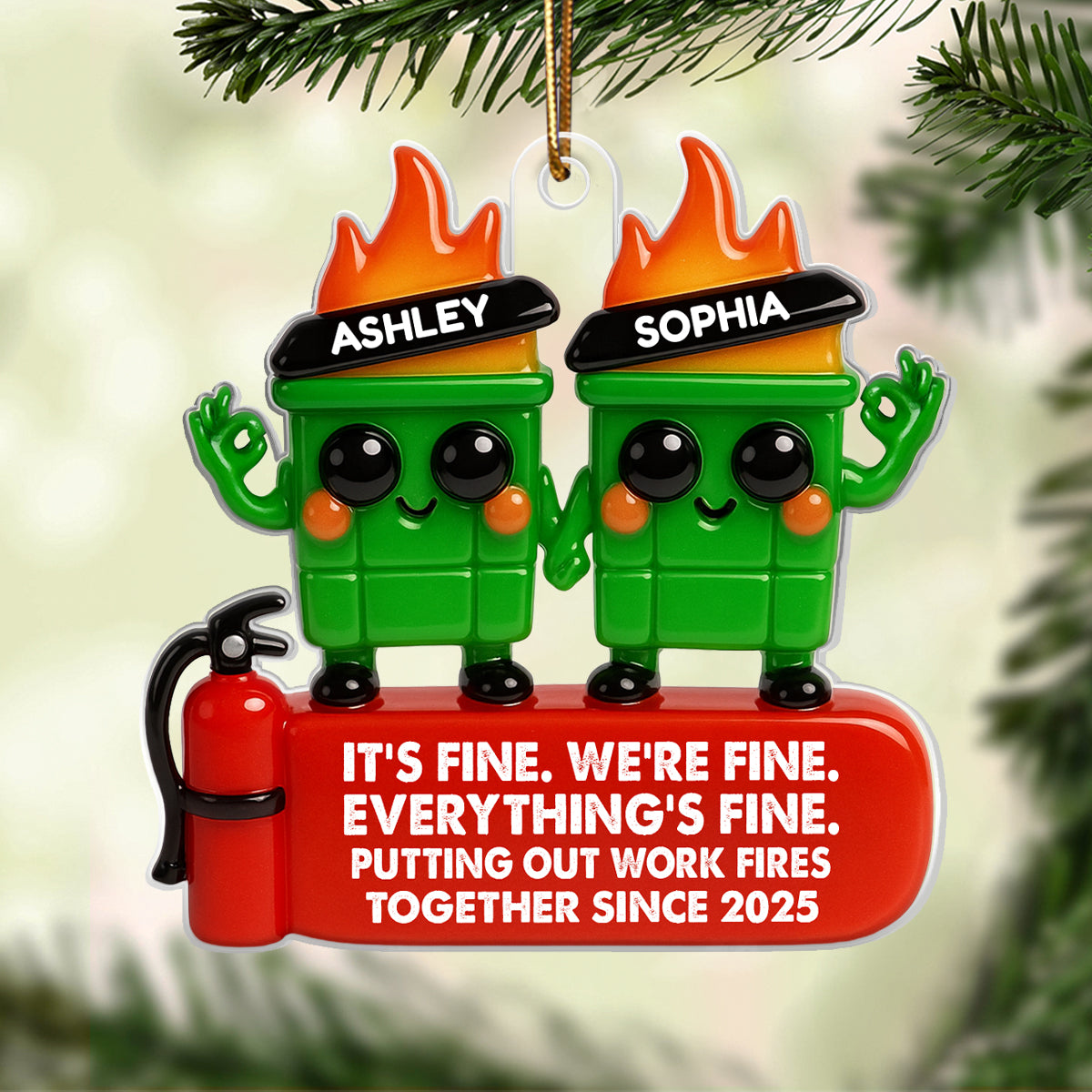 Colleagues Putting Out Work Fire Together 3D Effect - Personalized Acrylic Ornament - Funny Humor Christmas Gift for Coworkers, Colleagues