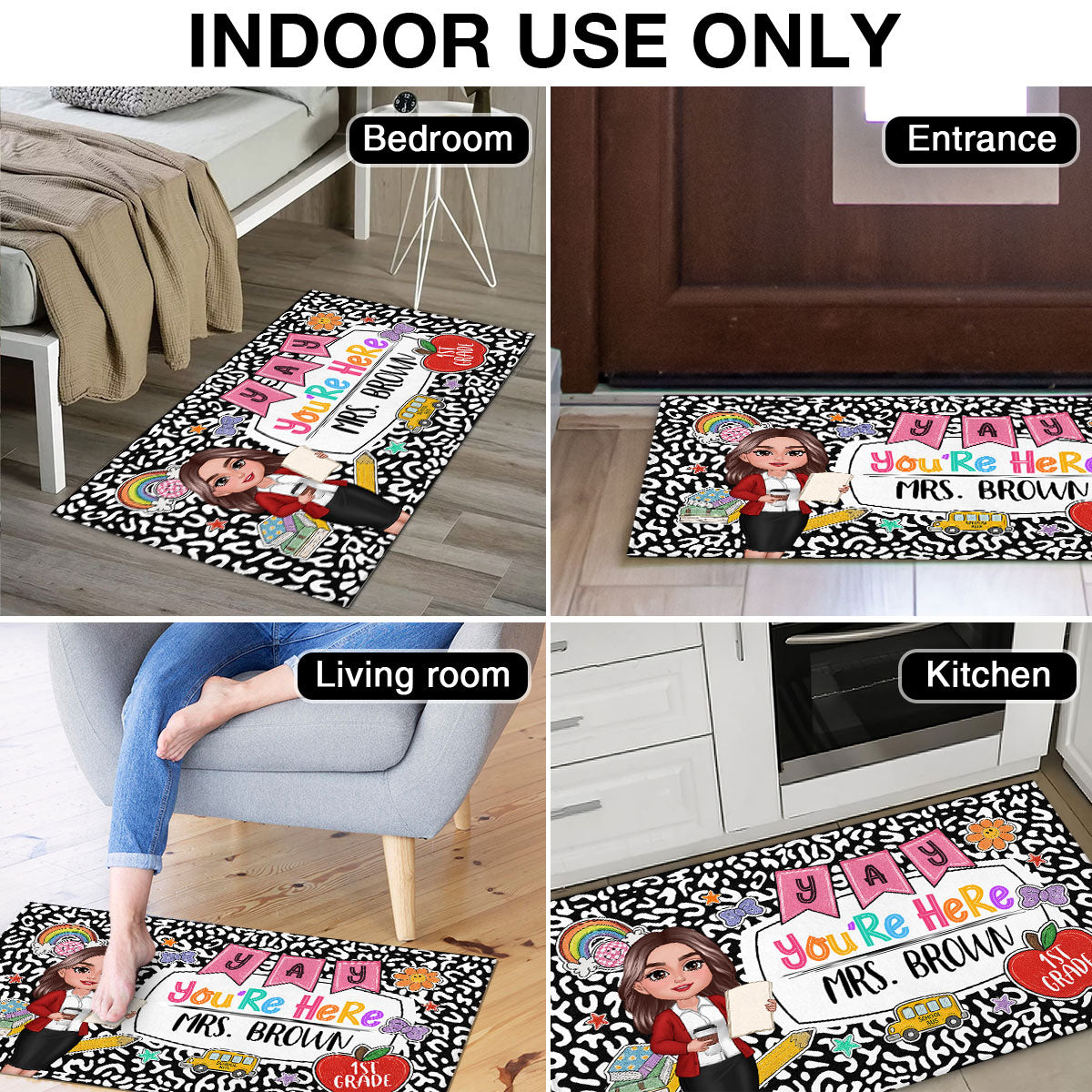 Yay You're Here Composition Book Pattern Personalized Doormat, Back To School Gift