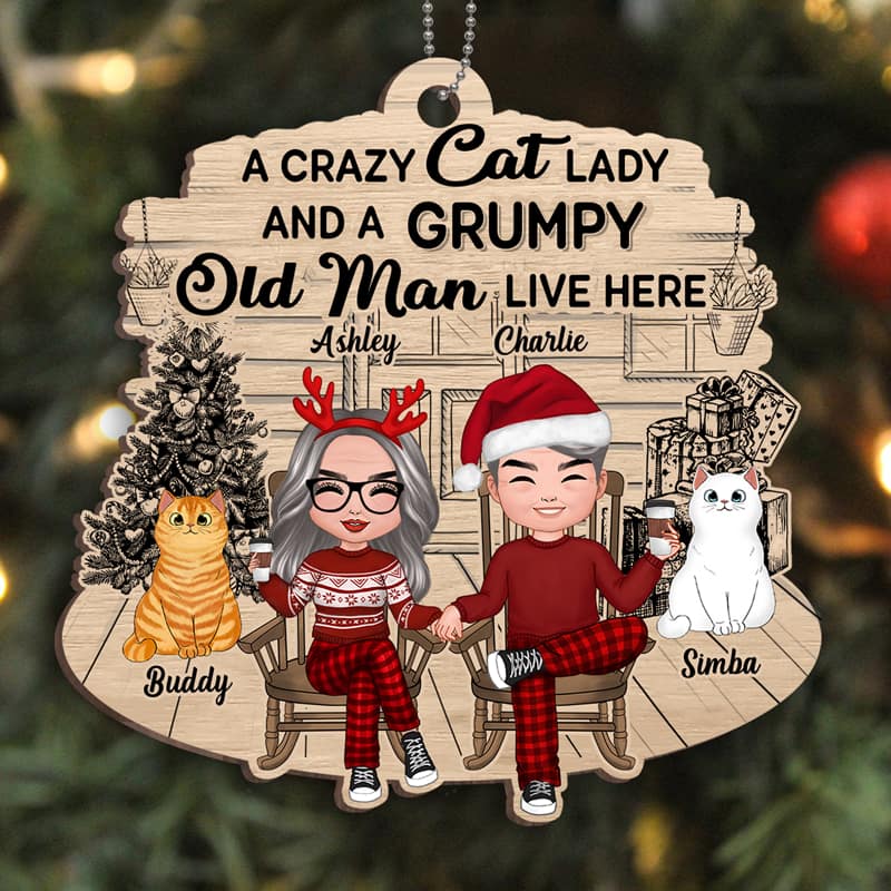 Crazy Cat Lady Grumpy Old Man Front Porch Personalized Christmas Wooden Ornament