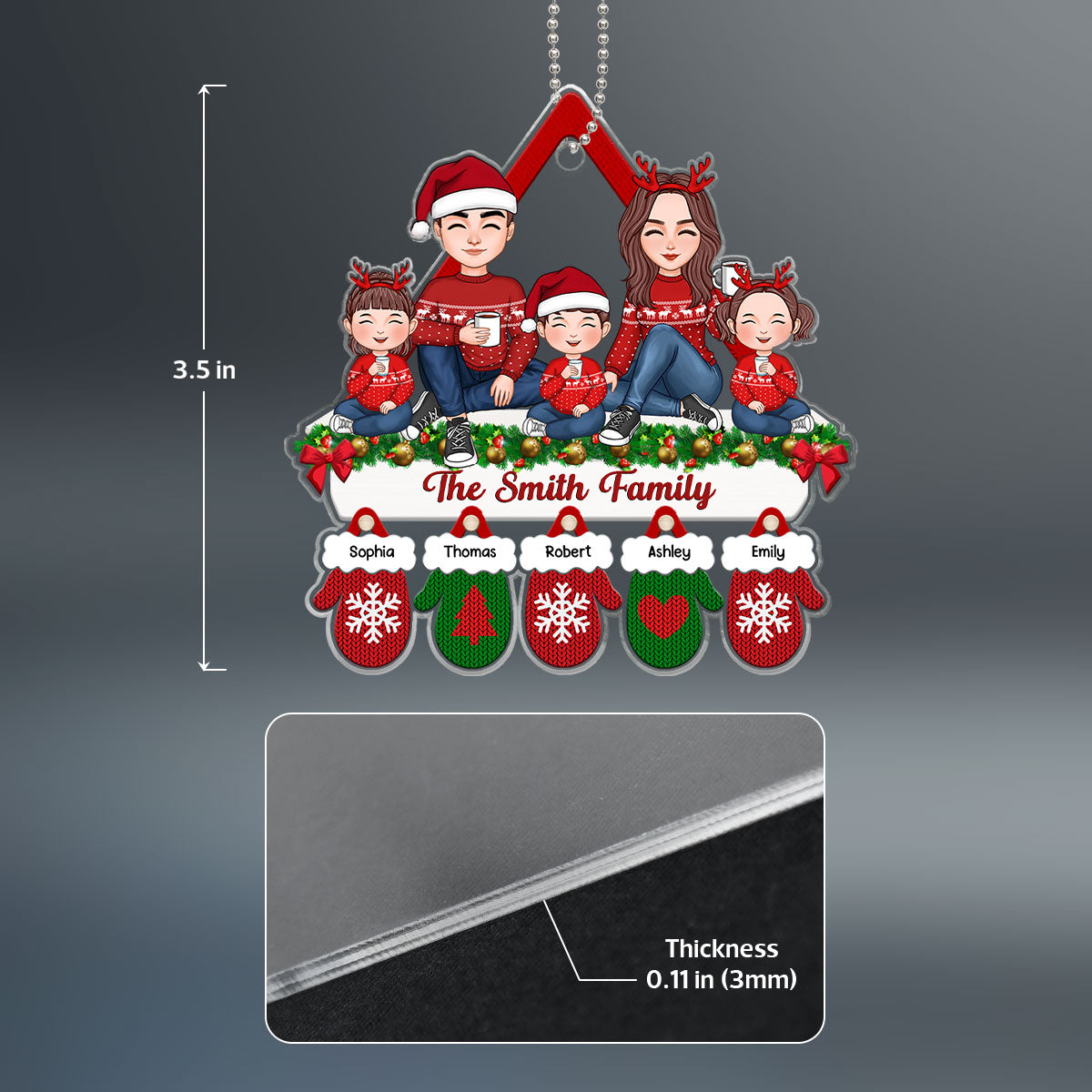 Cute Family Dad Mom Kids Dogs Cats Sitting On Fireplace Mantel Gloves Christmas Gift Personalized Acrylic Ornament