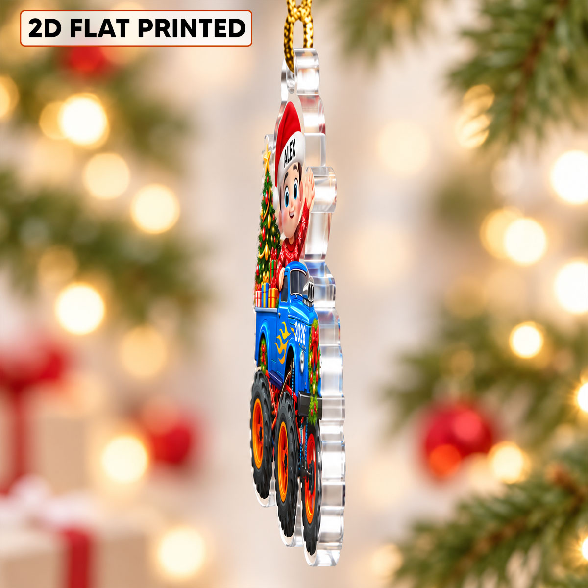 Little Kid With Monster Truck - Personalized Acrylic Ornament - Christmas Gift For Kids, Grandkids, Grandson, Granddaughter, Son, Daughter