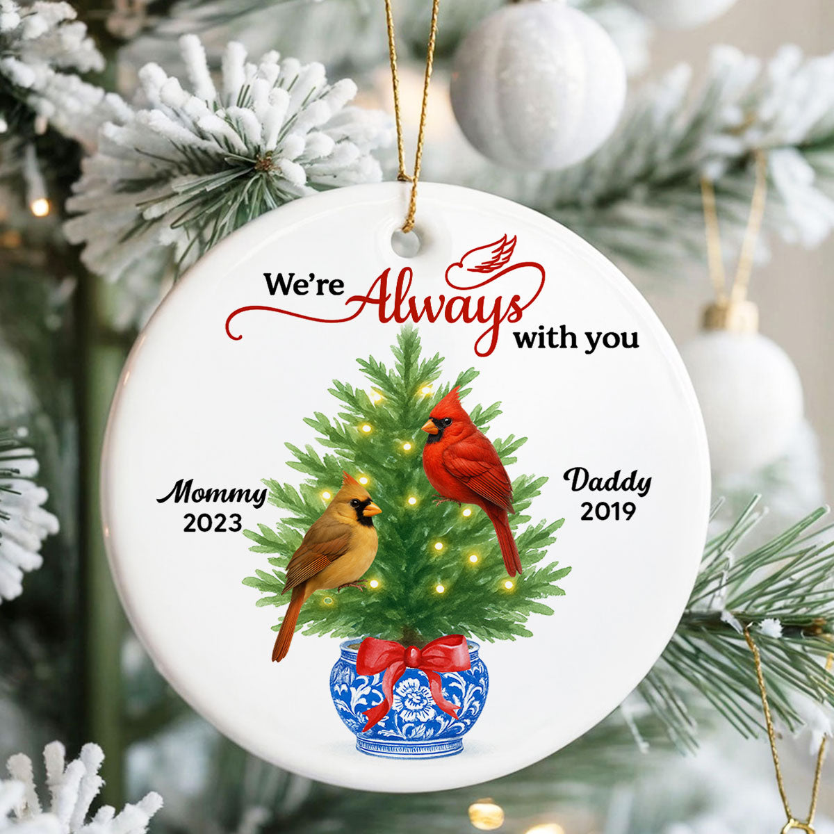 Cardinals Chinoiserie Christmas Always With You - Personalized Ceramic Ornament - Meaningful Sympathy Gift