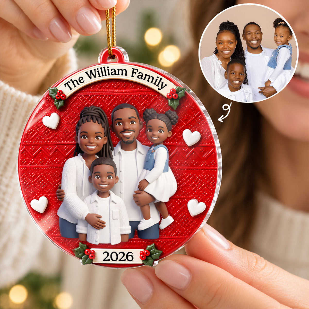 Custom Family Cartoon Portrait from Photo - Personalized Acrylic Ornament - Christmas Gift Keepsake for Family