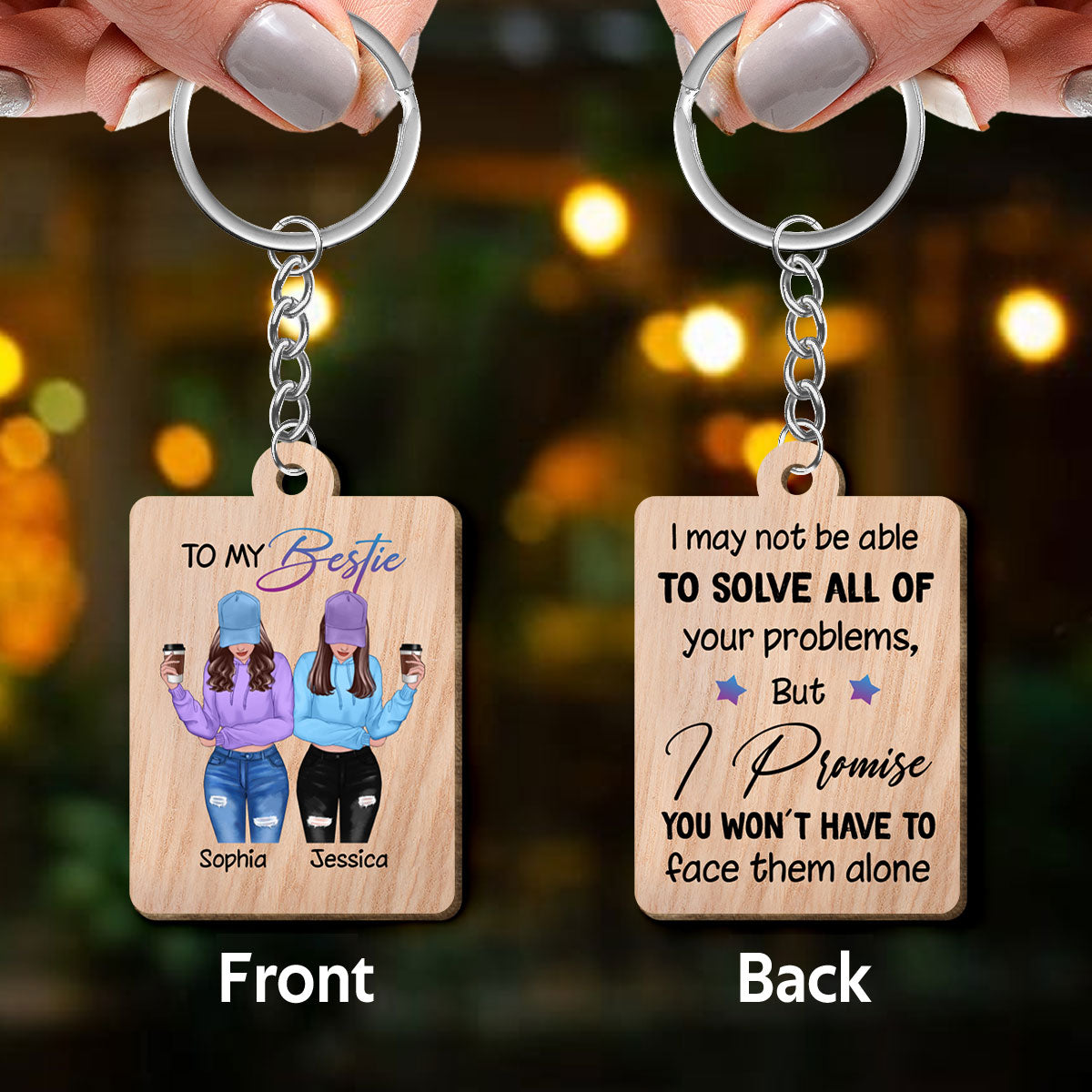 Front View Besties To My Bestie Personalized Wooden Keychain